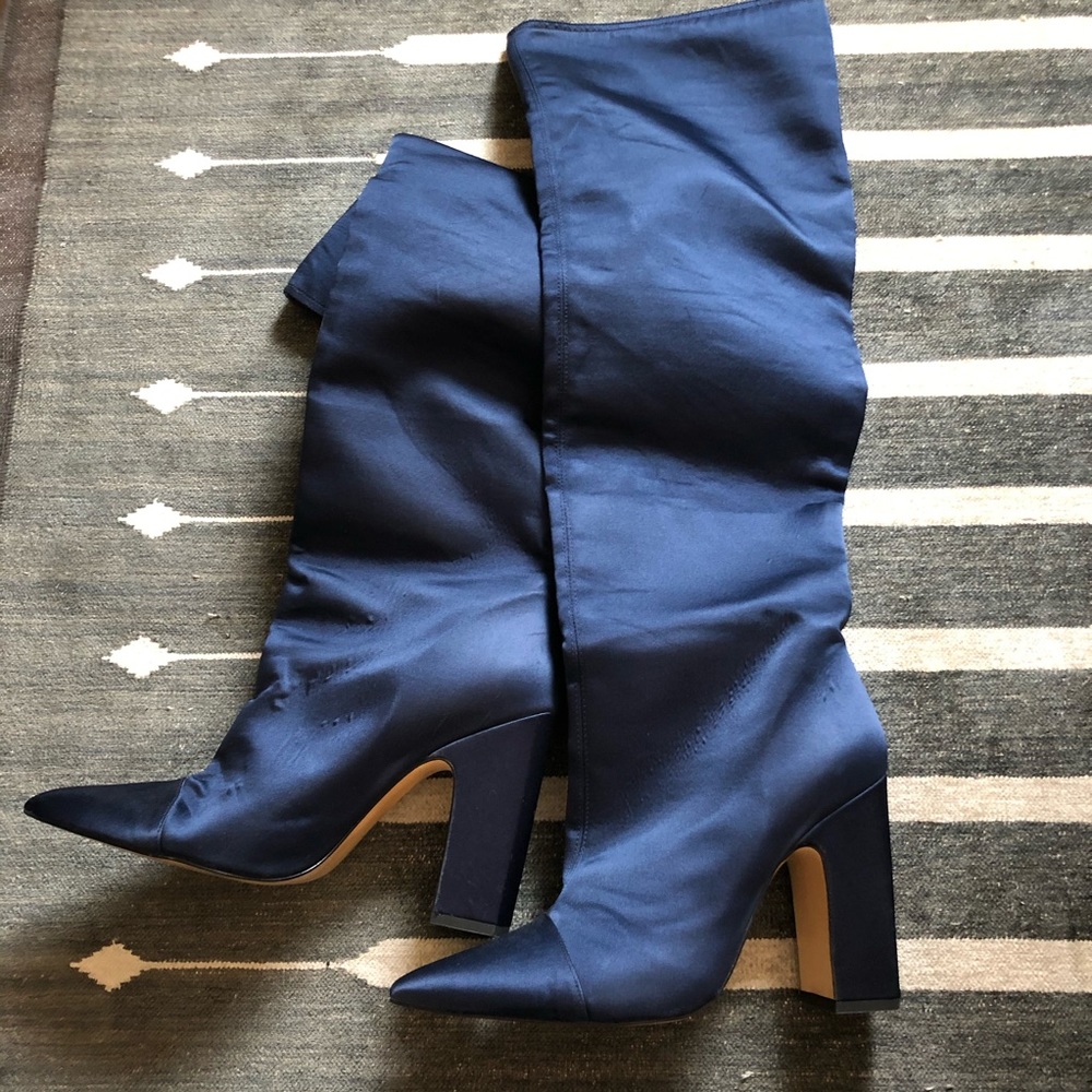 Zara blue satin tall heeled boots pointy toe